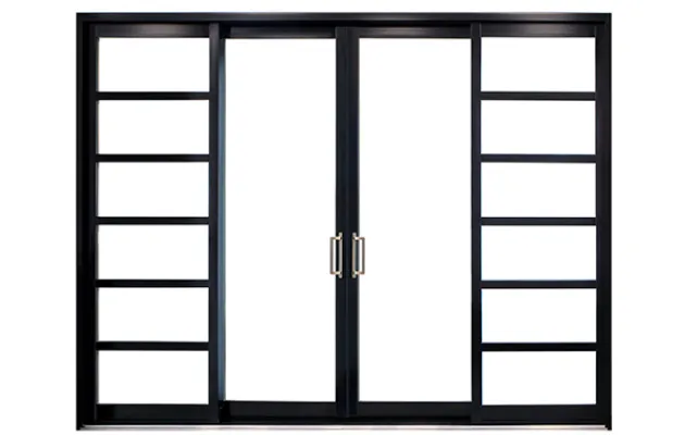 A sliding patio door with built-in blinds opening onto a green garden