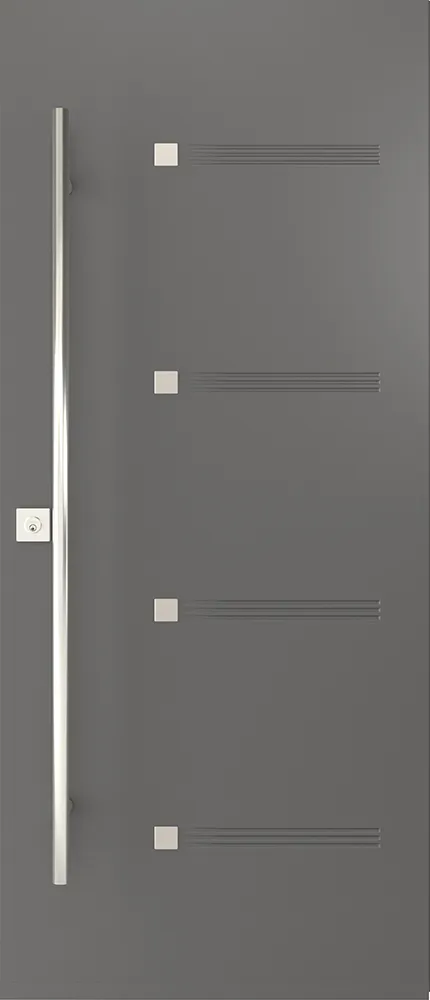 An Aurora Direct entrance door with decorative glass accents