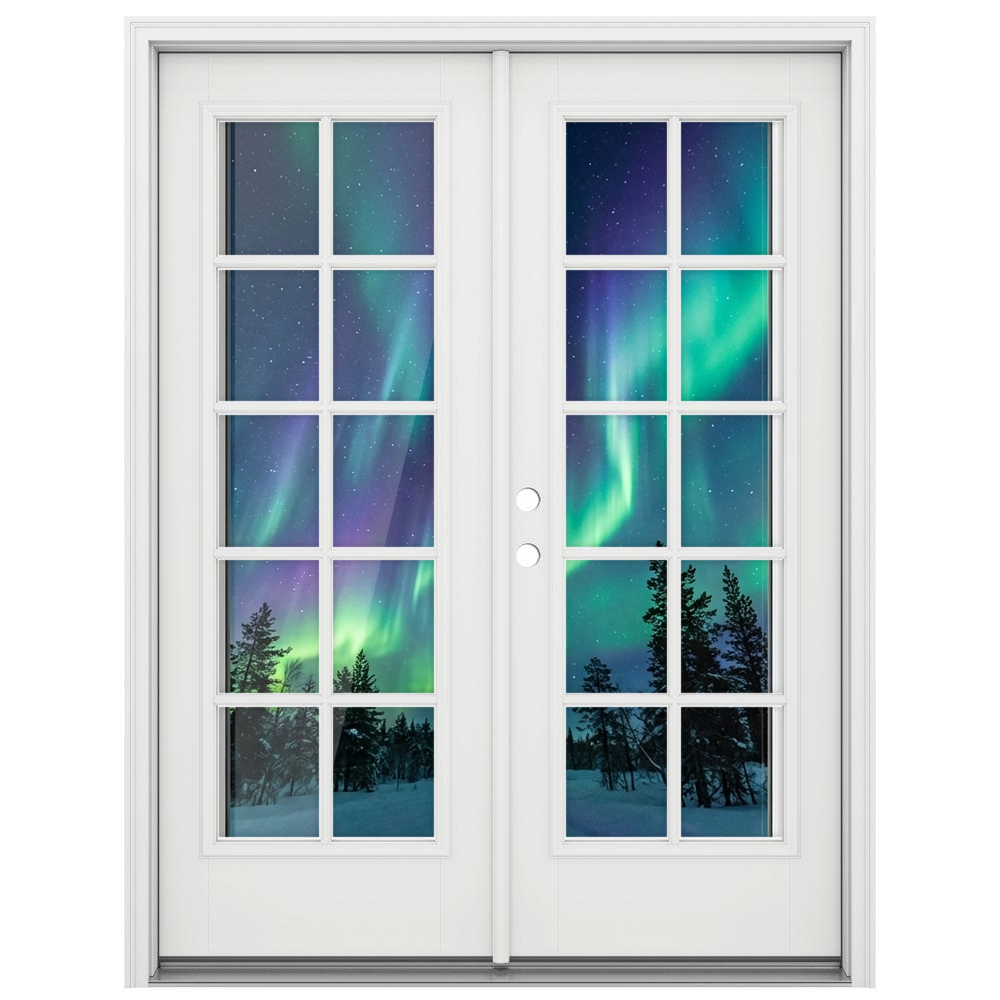 White French patio doors with divided-light glass framing a northern lights view